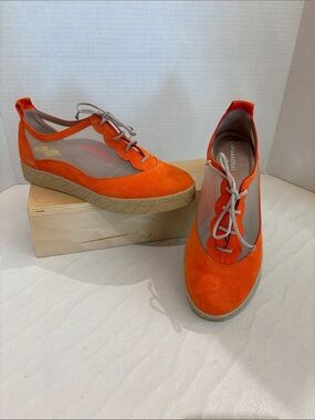 BeautiFeel Vibrant Orange Suede Mesh Lace-Up Wedge Sneakers